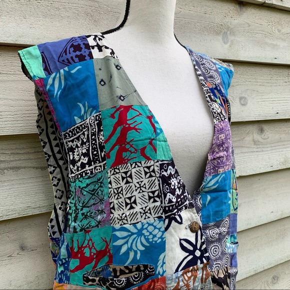 Vintage 80s Blue Handmade Abstract Patchwork Print Sleeveless Button Down Vest - Picture 4 of 16